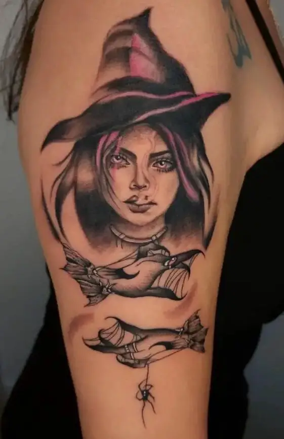 Violet Highlights Witch Wearing Rings Tattoo