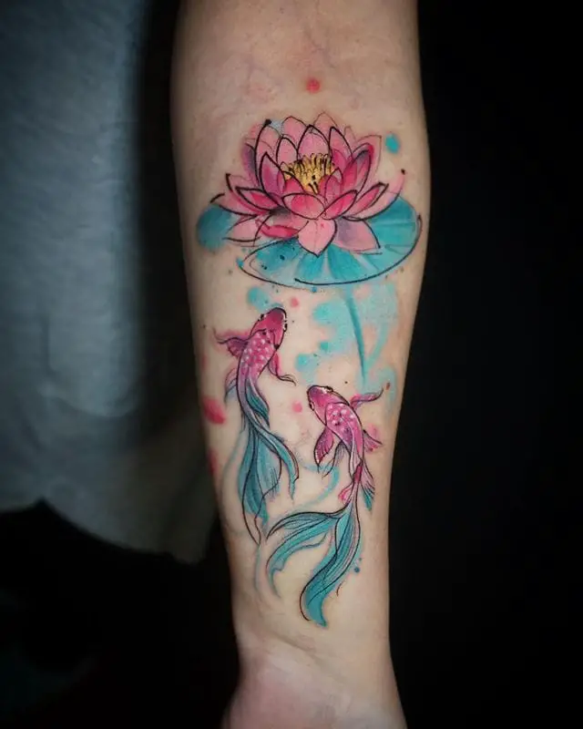 Water Lily Flower Fish In The Pond Tattoo Design