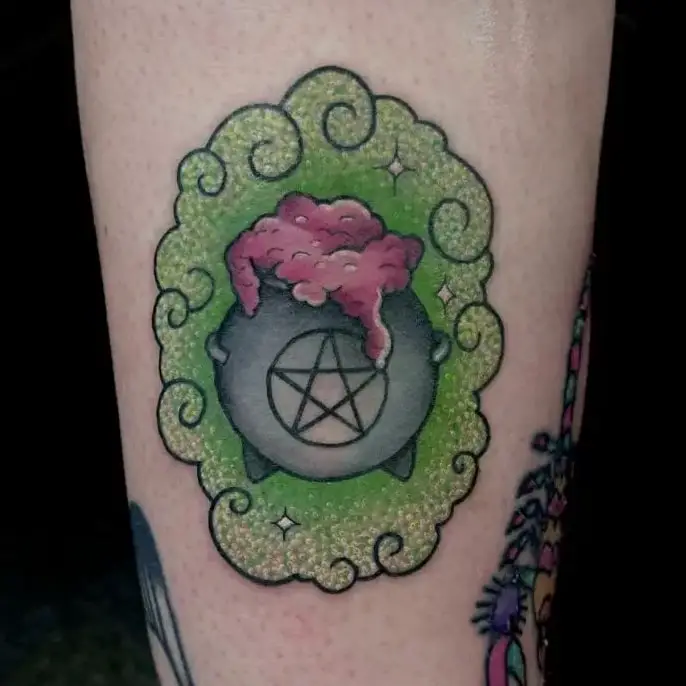 Witch Cauldron Star Engraved with Violet Liquid Tattoo