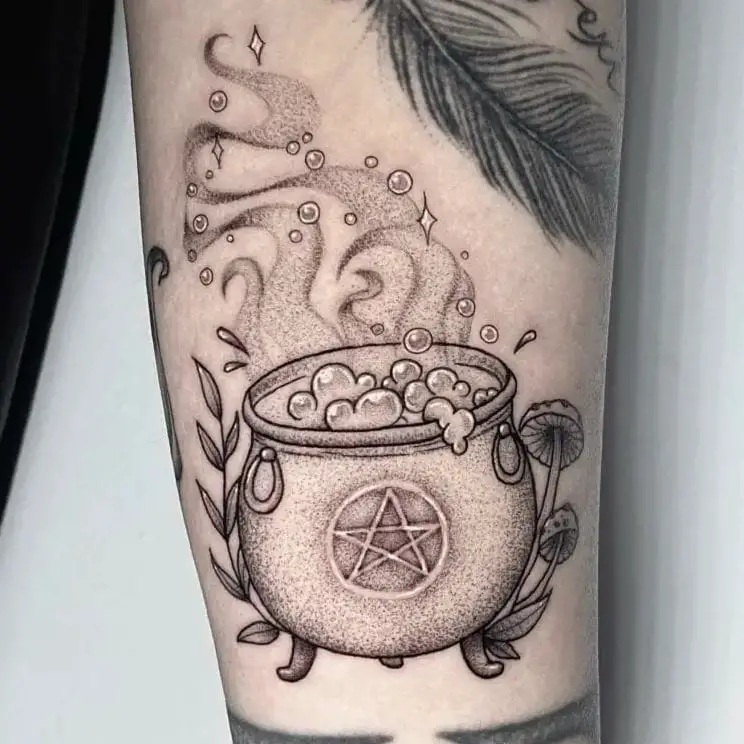 Witch Cauldron with Sparkle Potion and Plants Tattoo