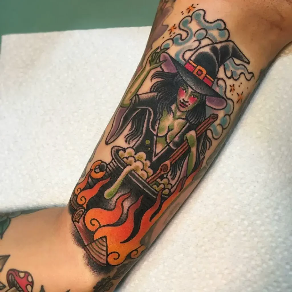 Witch Cooking in Boiling Cauldron Tattoo