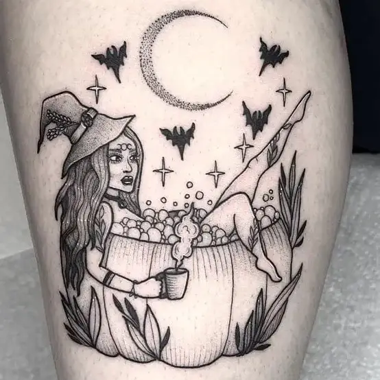 Witch Pampering on a Bubbly Squash Tub Tattoo