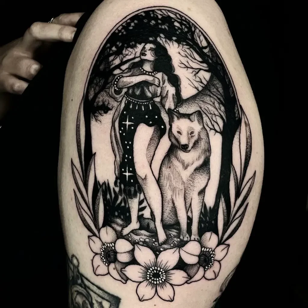 Witch Standing in a Forest with a Wolf Tattoo