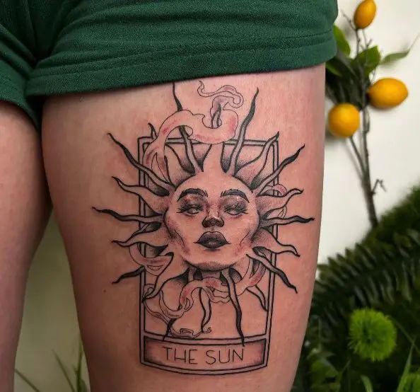 Witchy Sun Tarot Card Thigh Tattoo