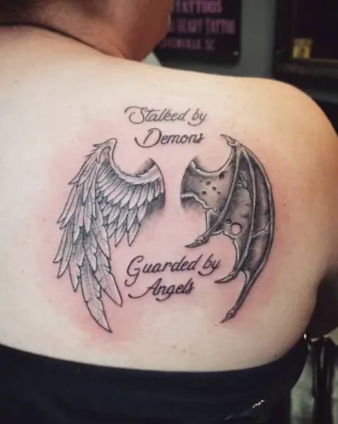 Women Halo Wings And Fallen Angel Wings Back Tattoo