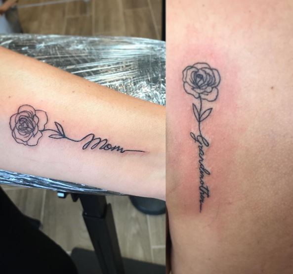 Black Inked Rose and Mom and Grandmother Lettering Tattoo