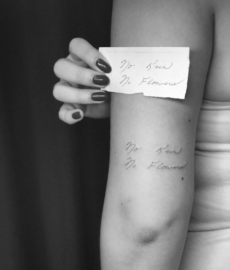 No Rain No Flowers Lettering Arm Tattoo