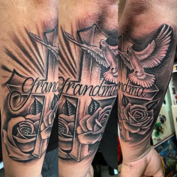 Rose, Dove and Cross Grandma Memorial Tattoo