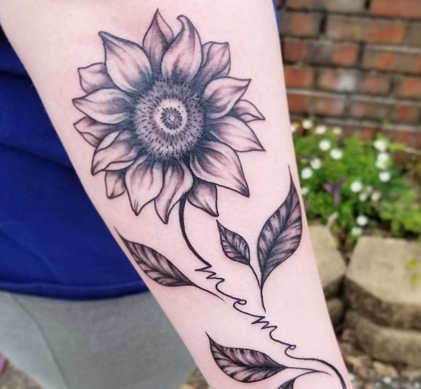 Sunflower with Meme Lettering Tattoo Piece