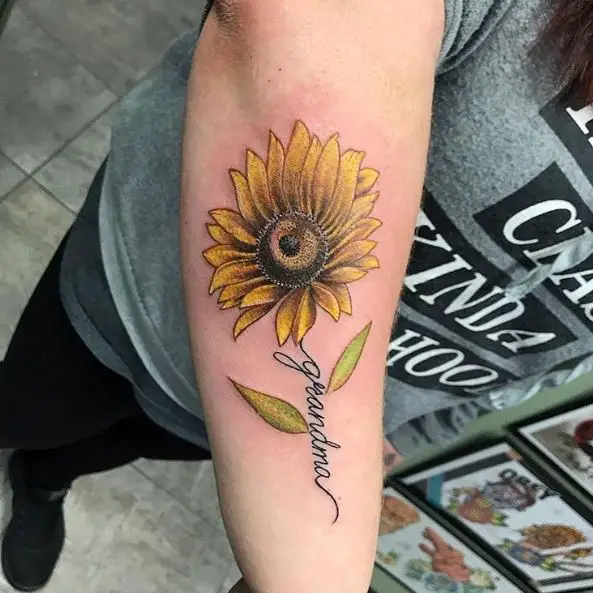 Yellow Sunflower and Grandma Lettering Tattoo