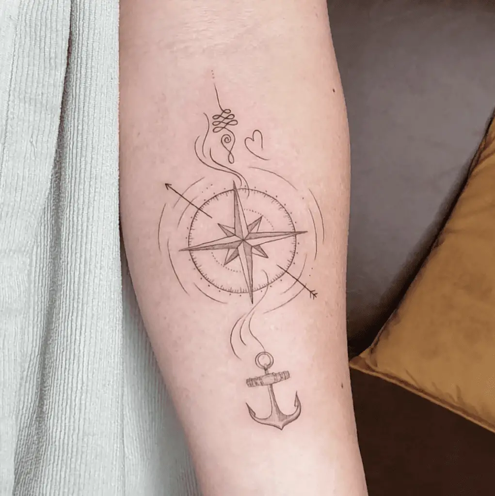Arrowed Compass With Anchor and Heart Arm Tattoo