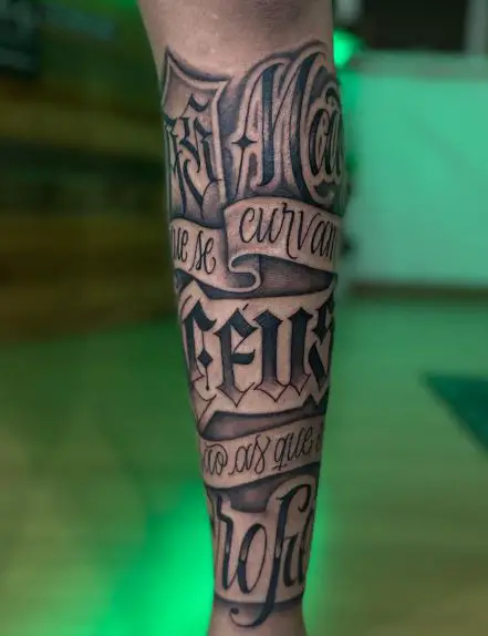Artistic Foreign Language Leg Tattoo