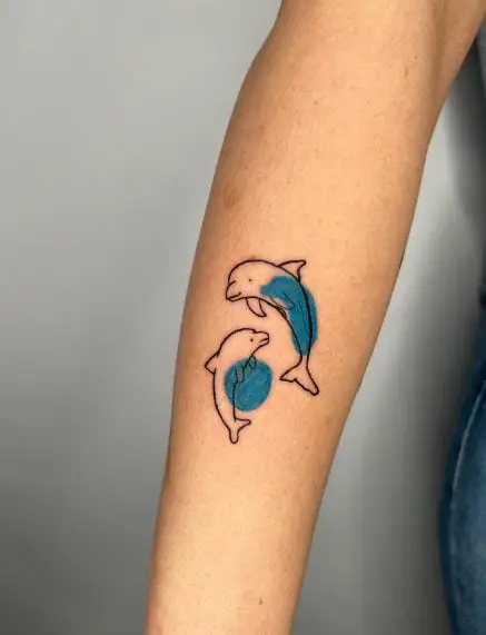 Black Line Twin Dolphin Tattoo with Blue Splash
