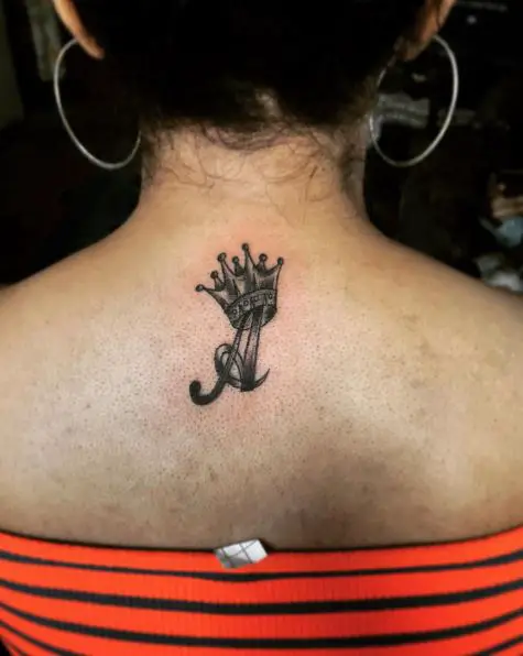 Black and Grey Crown Initial Back Tattoo
