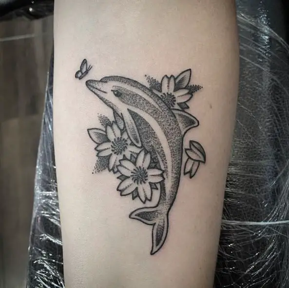 Black and Grey Dolphin and Flowers Tattoo