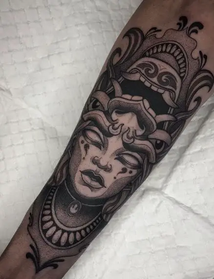 Black and Grey Lady Head and Devil Face Tattoo