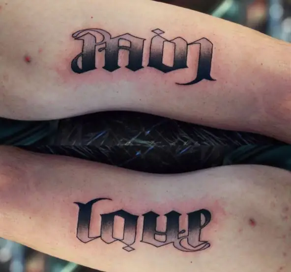 Black and Grey Love and Pain Ambigram Tattoo