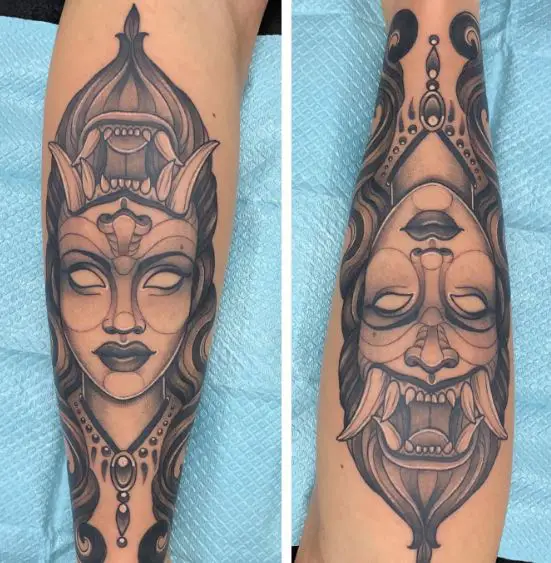 Black and Grey Woman and Demon Ambigram Tattoo