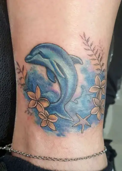 Blue Dolphin and Flowers Ankle Tattoo