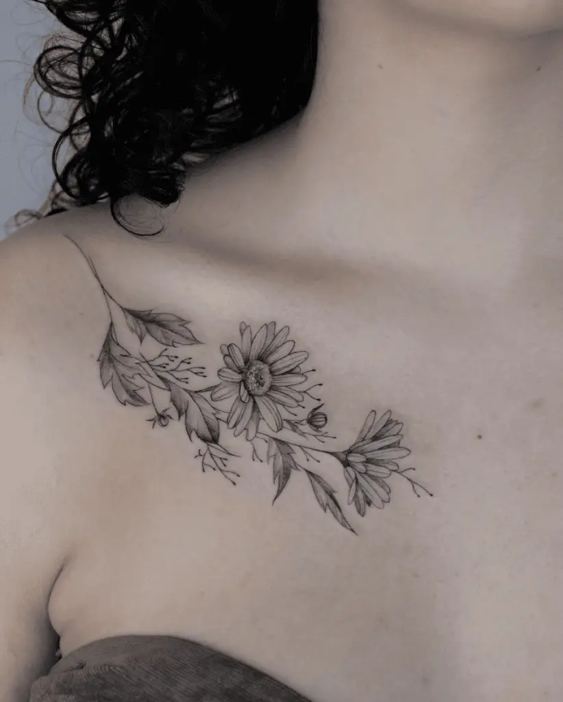 Chamomile Flower Strand Collarbone Tattoo