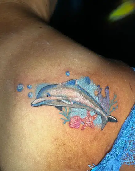 Colored Dolphin and Water Splash Shoulder Tattoo