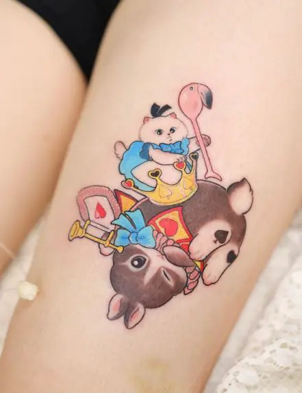 Colorful Cat and Rabbit Thigh Tattoo