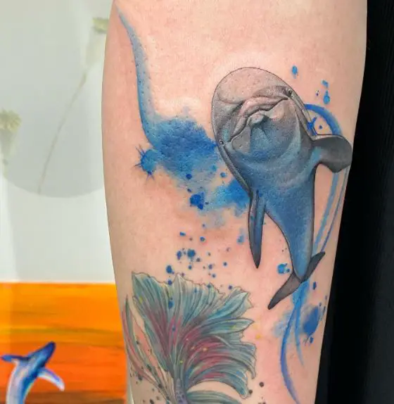 Colorful Dolphin and Water Tattoo Piece