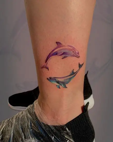 Colorful Twin Dolphin Leg Tattoo