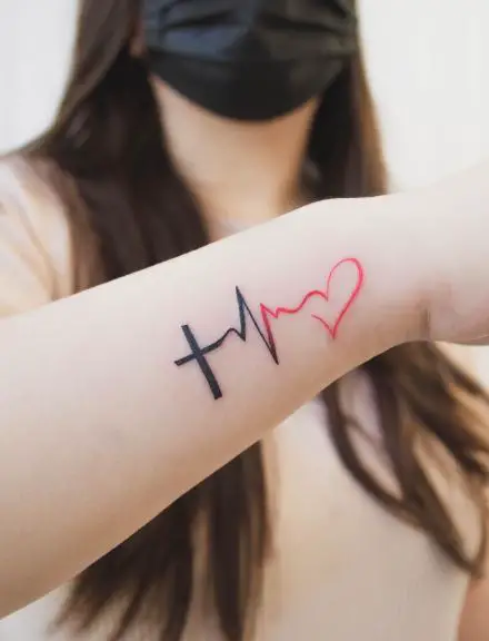Cross and Heartbeat Tattoo