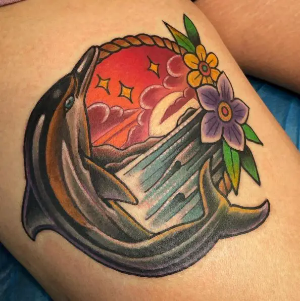 Dolphin, Ocean and Flowers Thigh Piece