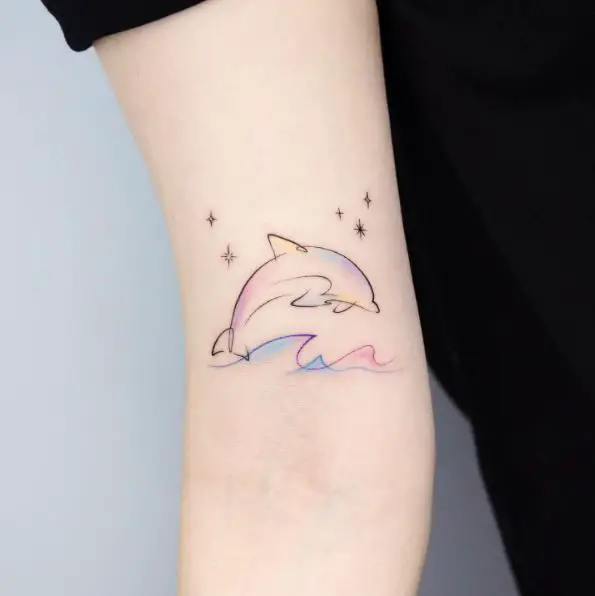 Dolphin and Color Splash Waves with Sparks Tattoo