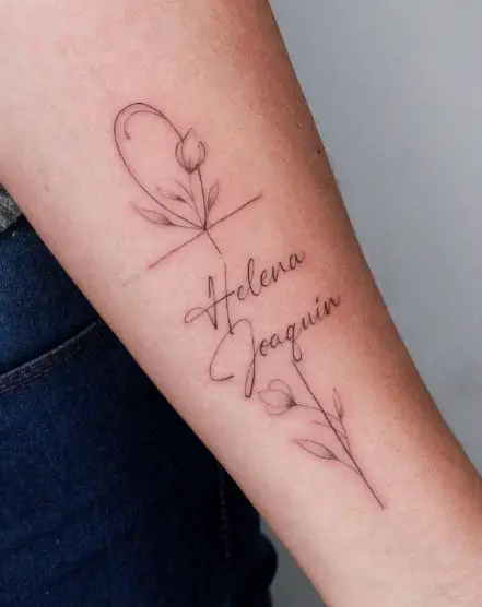 Fine Line Names Tattoo with Flowers