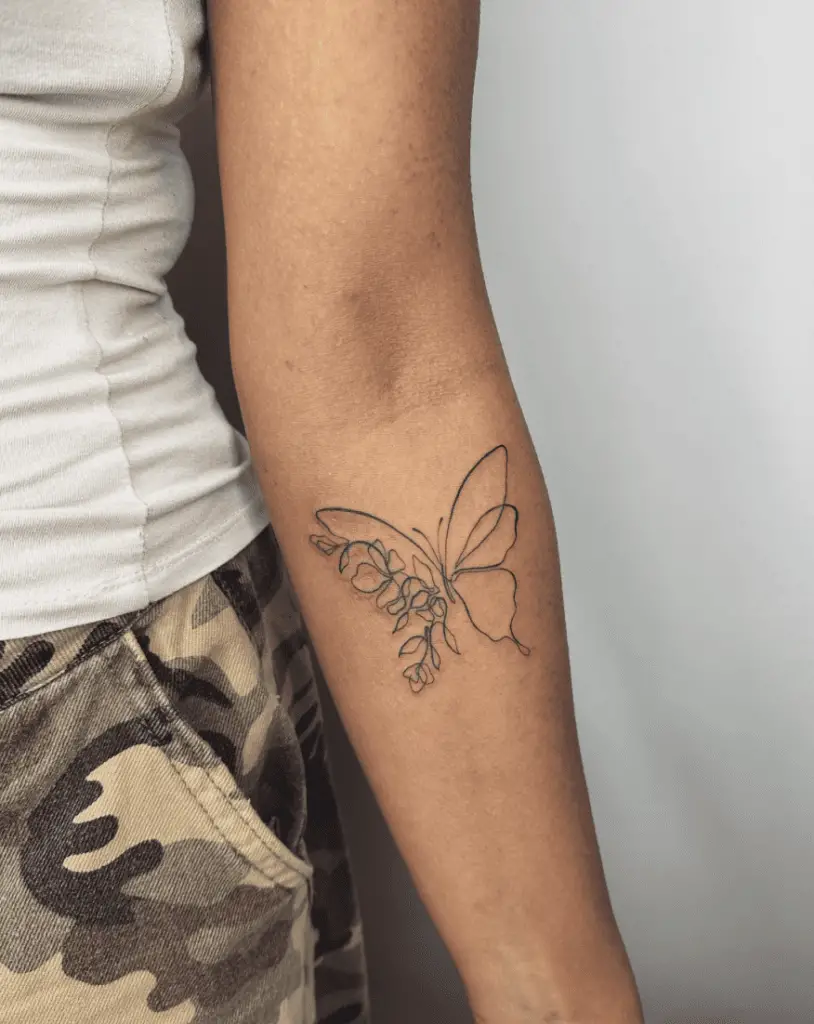 Floral Butterfly Continuous Line Tattoo