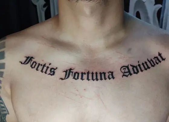 Fortis Fortuna Adiuvat Lettering Chest Tattoo