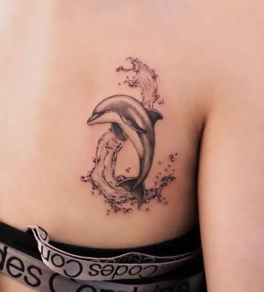 Greyish Dolphin with Water Splash Tattoo