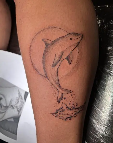 Greyscale Dolphin Tattoo with Sea Waves