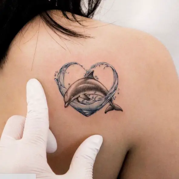 Heart Shaped Water Splash and Dolphin Shoulder Tattoo