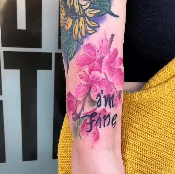 I'm Fine and Save Me Ambigram Tattoo with Cherry Blossom Flowers