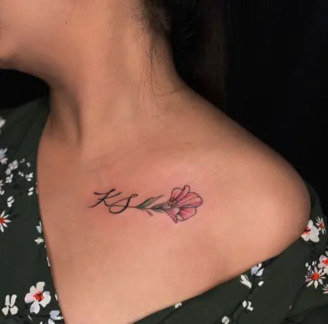 Initial KS With Flower Collarbone Tattoo
