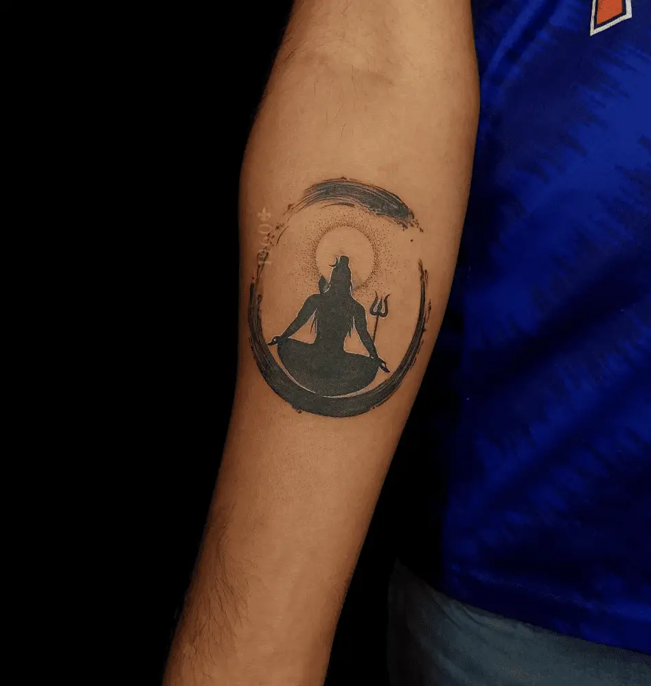 Lord Shiva Meditating in Cricle Brushstroke Arm Tattoo
