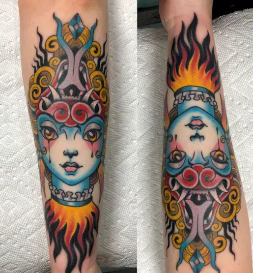 Multicolored Flip Face Ambigram Tattoo