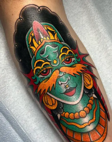 Multicolored Traditional Demon and Woman Tattoo