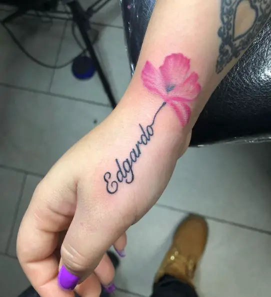 Name Tattoo with Pink Flower Tattoo