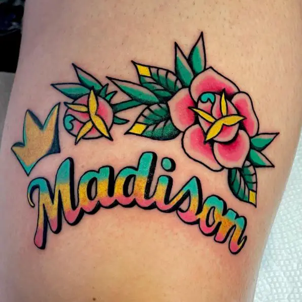 Neo Traditional Name Tattoo with Pink Roses