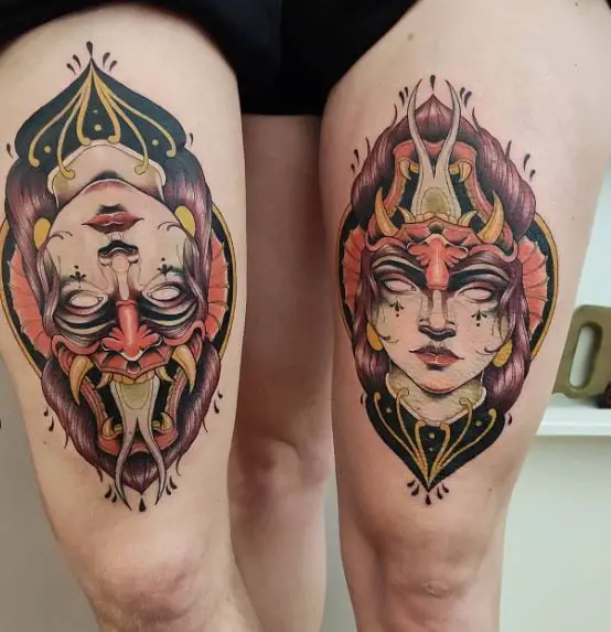 Oni Mask and Woman Face Ambigram Tattoo