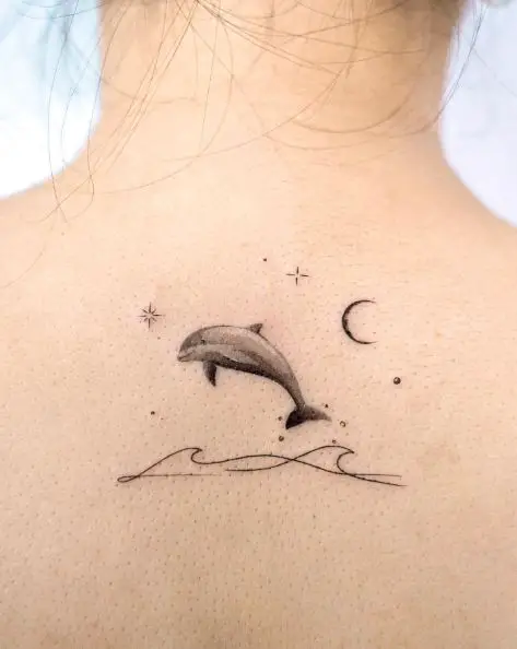 Realistic Dolphin with Stars and Moon Tattoo
