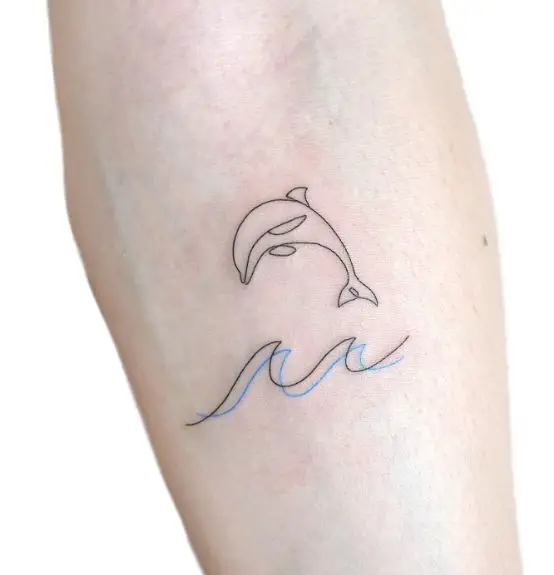 Simple Line Dolphin and Wave Tattoo