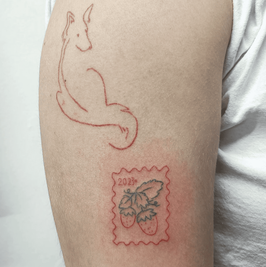 Strawberry Stamp and Outline Fox in Red Line Tattoo