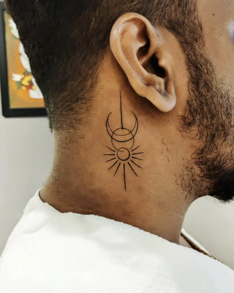 Sun and Moon Line Work Neck Tattoo
