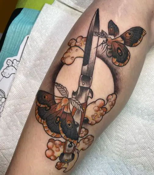 Switchblade and Double Moths Tattoo